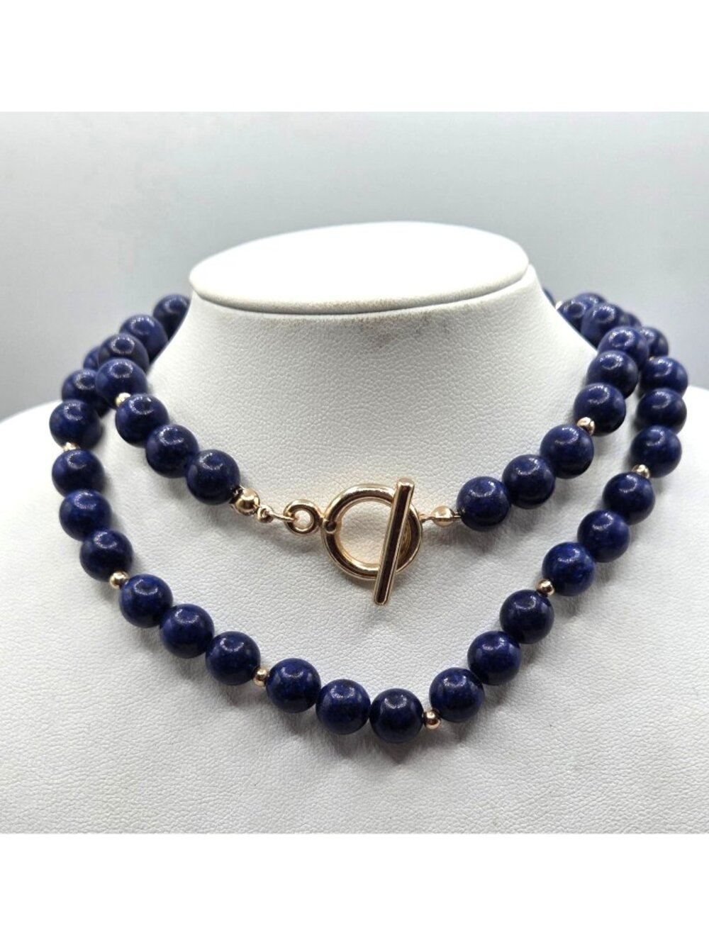 Blue Glass Beaded Necklace With Gold-Tone Toggle Clasp